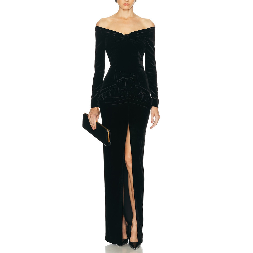 Alessandra Rich Velvet Black Off The Shoulder Gown Size 36 IT / US 0